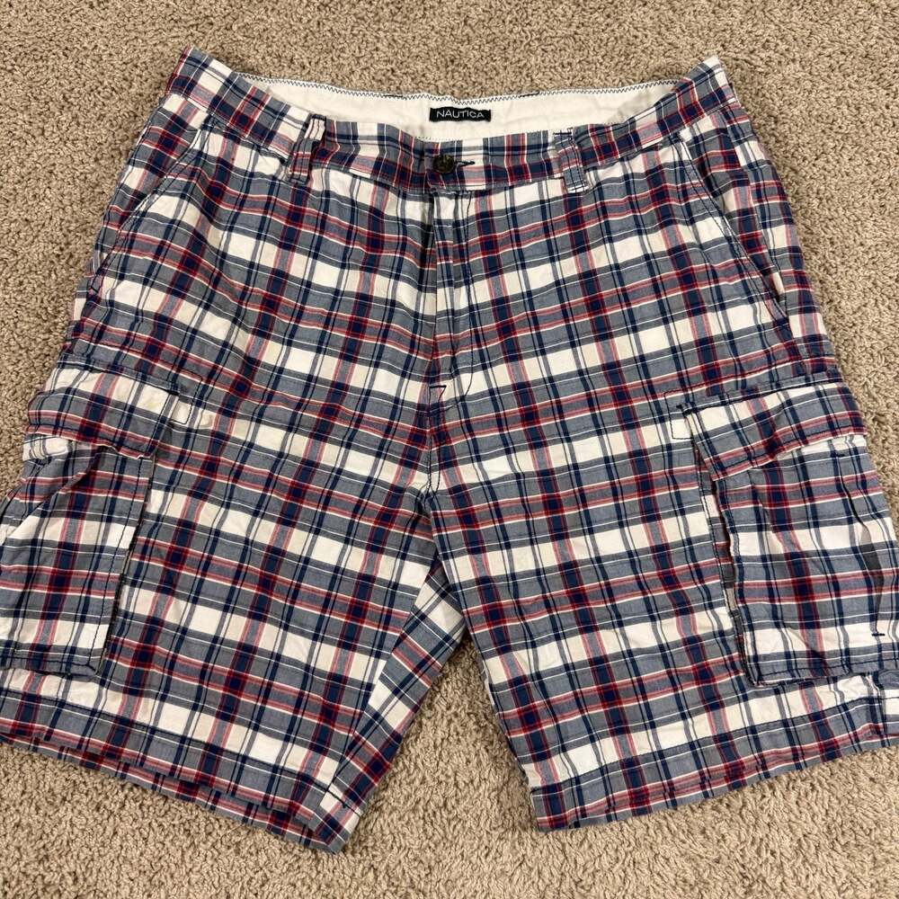 Nautica Plaid Cargo Shorts Mens 36 White Blue Red Cotton Classic Fit Casual
